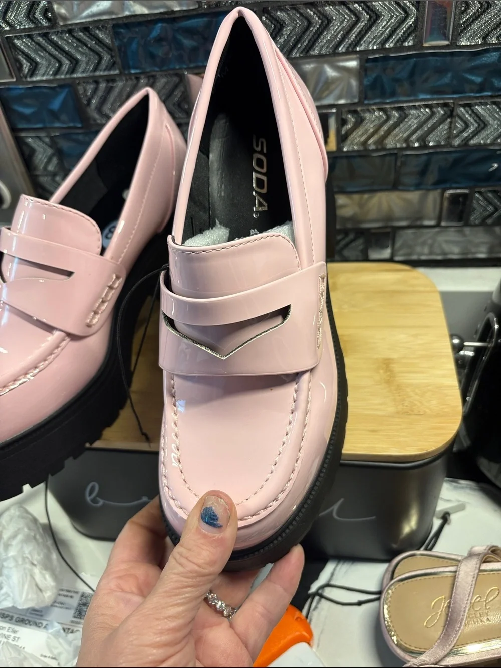 Soda Pink Patent Platform Loafers with Black Lug Sole